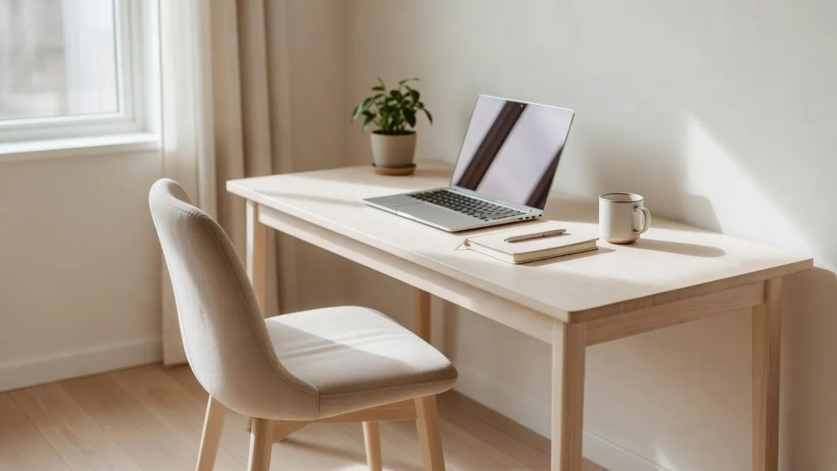 A calm home study with a laptop, a mug and a notebook on a
           wooden desk beside a sunlit window