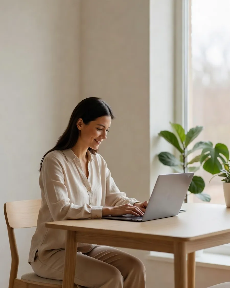 A woman sitting at a table by a window at home, looking at a laptop in soft
           morning light