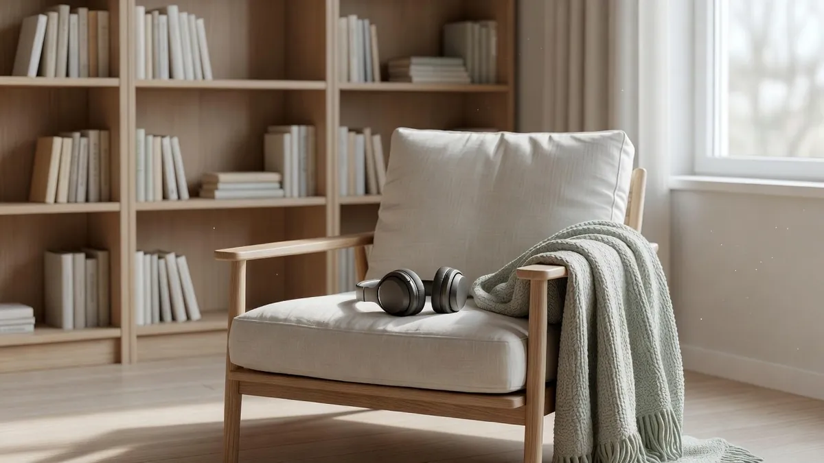 A quiet corner of a home arranged for sensory comfort, with a low armchair, noise-cancelling headphones and a dimmed lamp