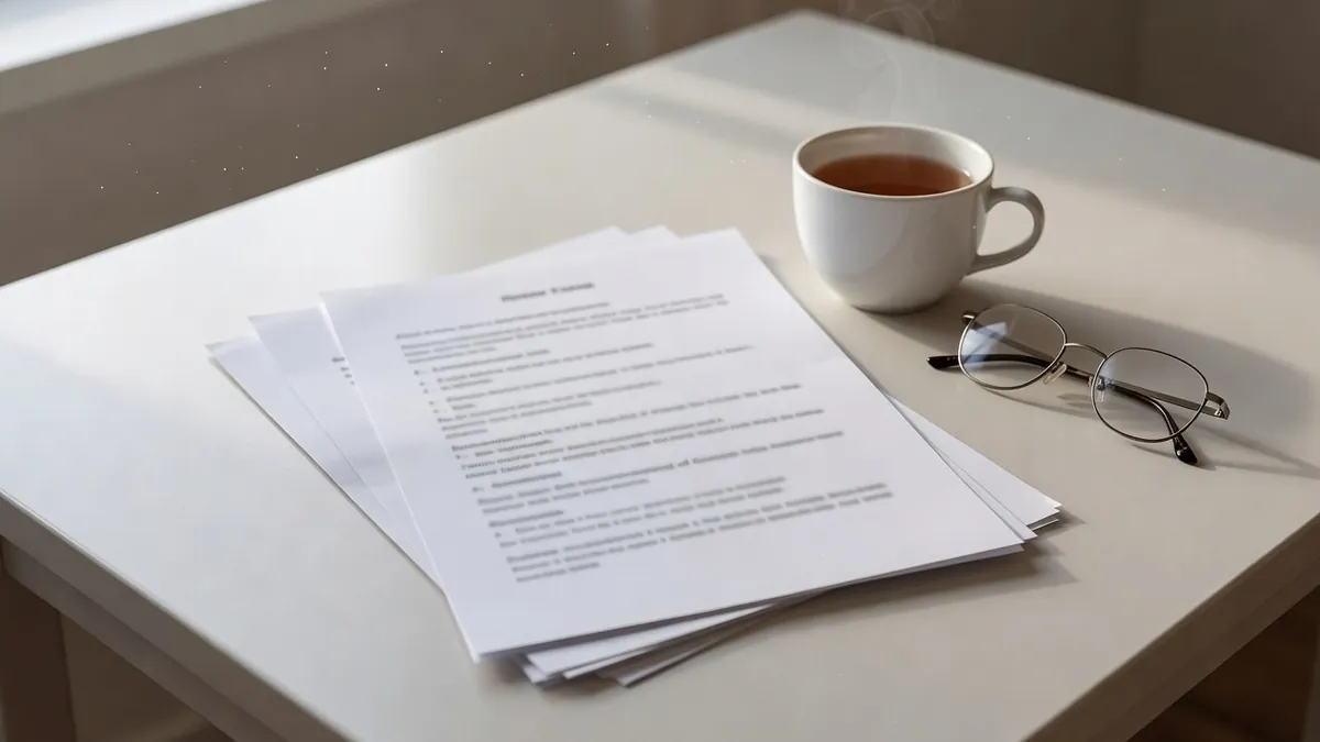 A printed multi-page report lying on a kitchen table beside a cup of tea and reading glasses
