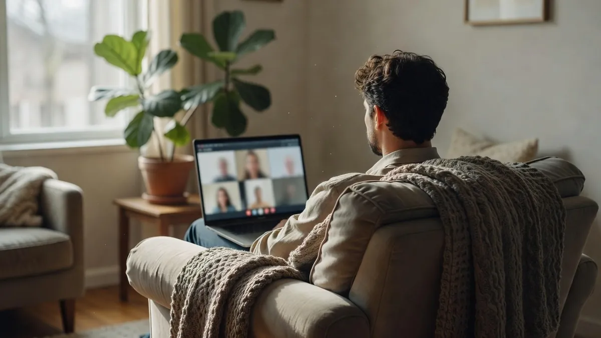 An adult sitting in an armchair at home with a laptop on
           their knees during a video appointment, seen from behind